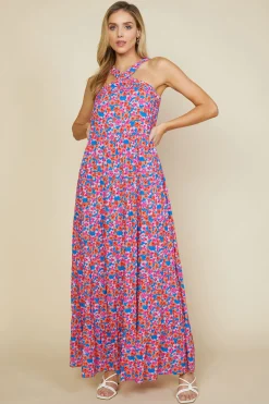 SKIES ARE BLUE Maxi Dresses*Bohemian Floral Crossed Neck Maxi Dress Vividbluetangerine