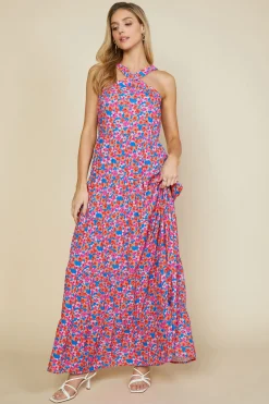 SKIES ARE BLUE Maxi Dresses*Bohemian Floral Crossed Neck Maxi Dress Vividbluetangerine