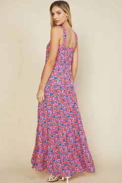 SKIES ARE BLUE Maxi Dresses*Bohemian Floral Crossed Neck Maxi Dress Vividbluetangerine