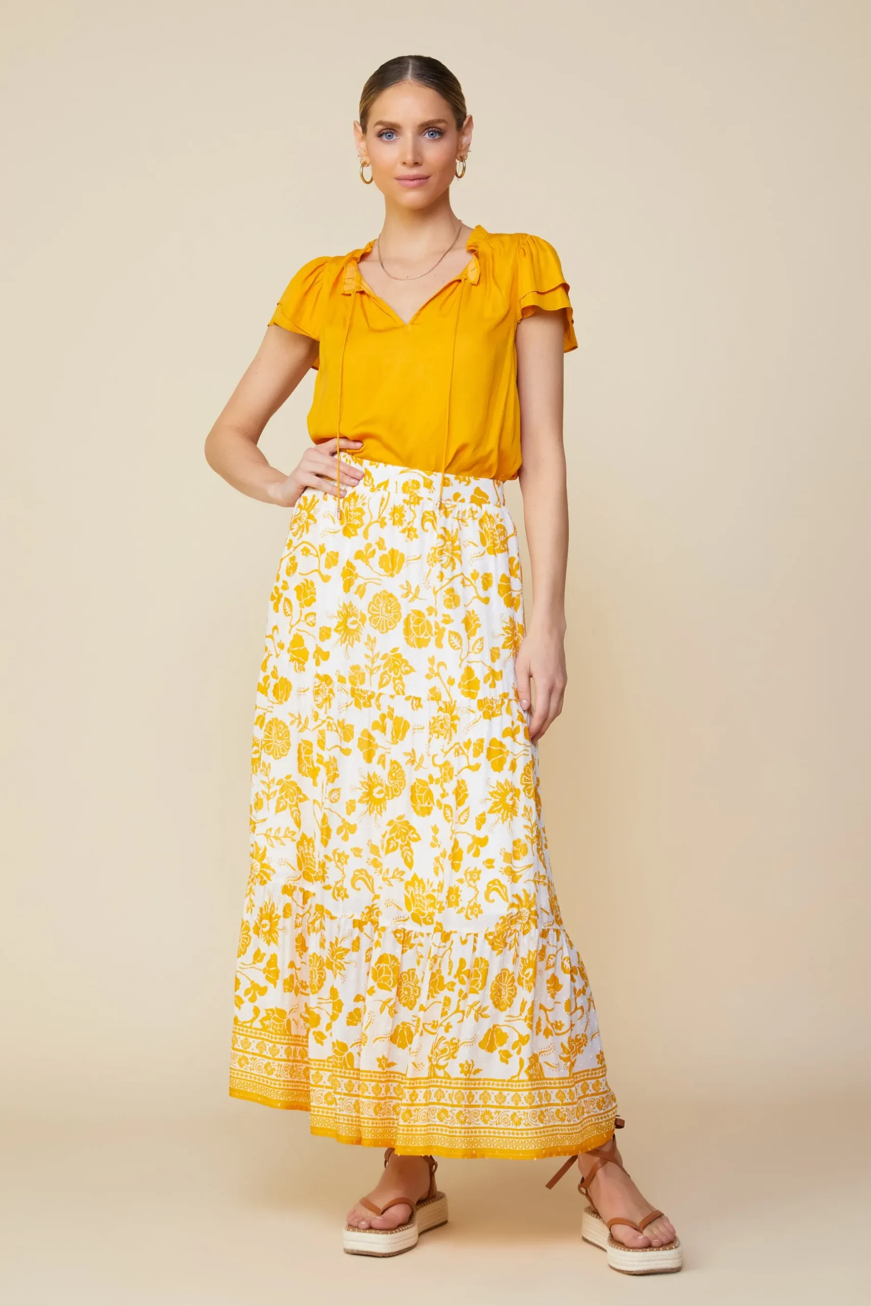 SKIES ARE BLUE Skirts*Border Print Maxi Skirt White-marigold