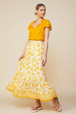 SKIES ARE BLUE Skirts*Border Print Maxi Skirt White-marigold