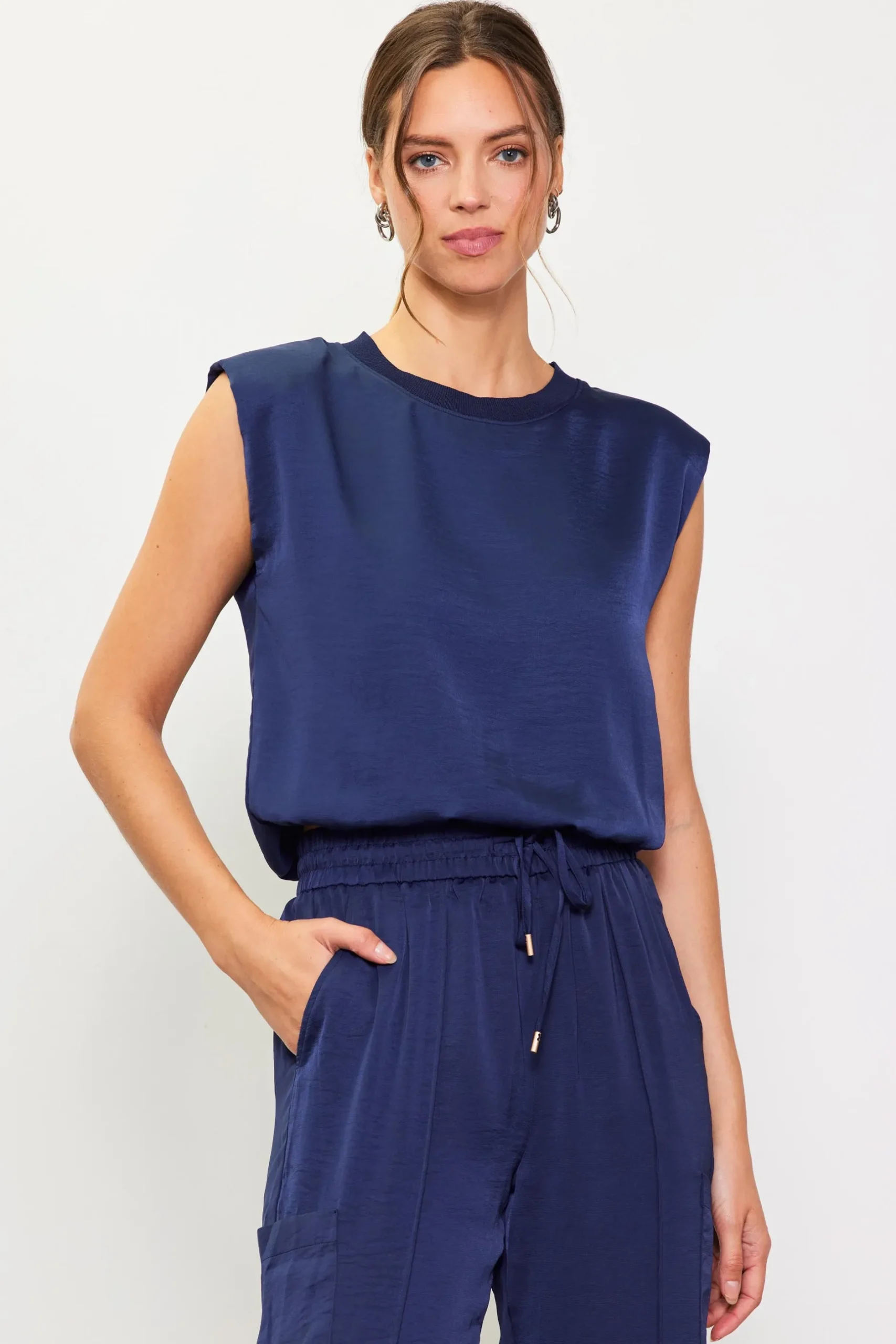 SKIES ARE BLUE Sleeveless Tops*Bubble Hem Muscle Tank Navy