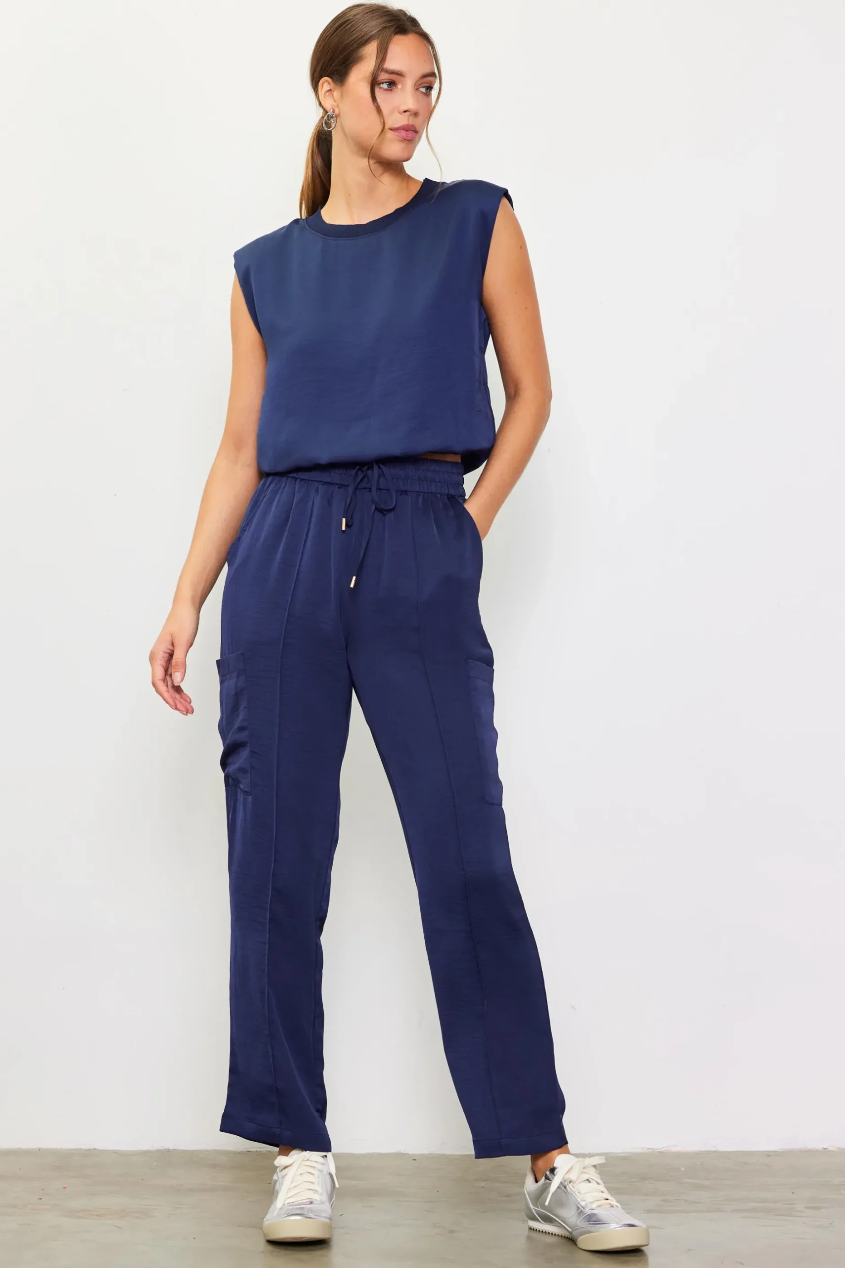SKIES ARE BLUE Sleeveless Tops*Bubble Hem Muscle Tank Navy