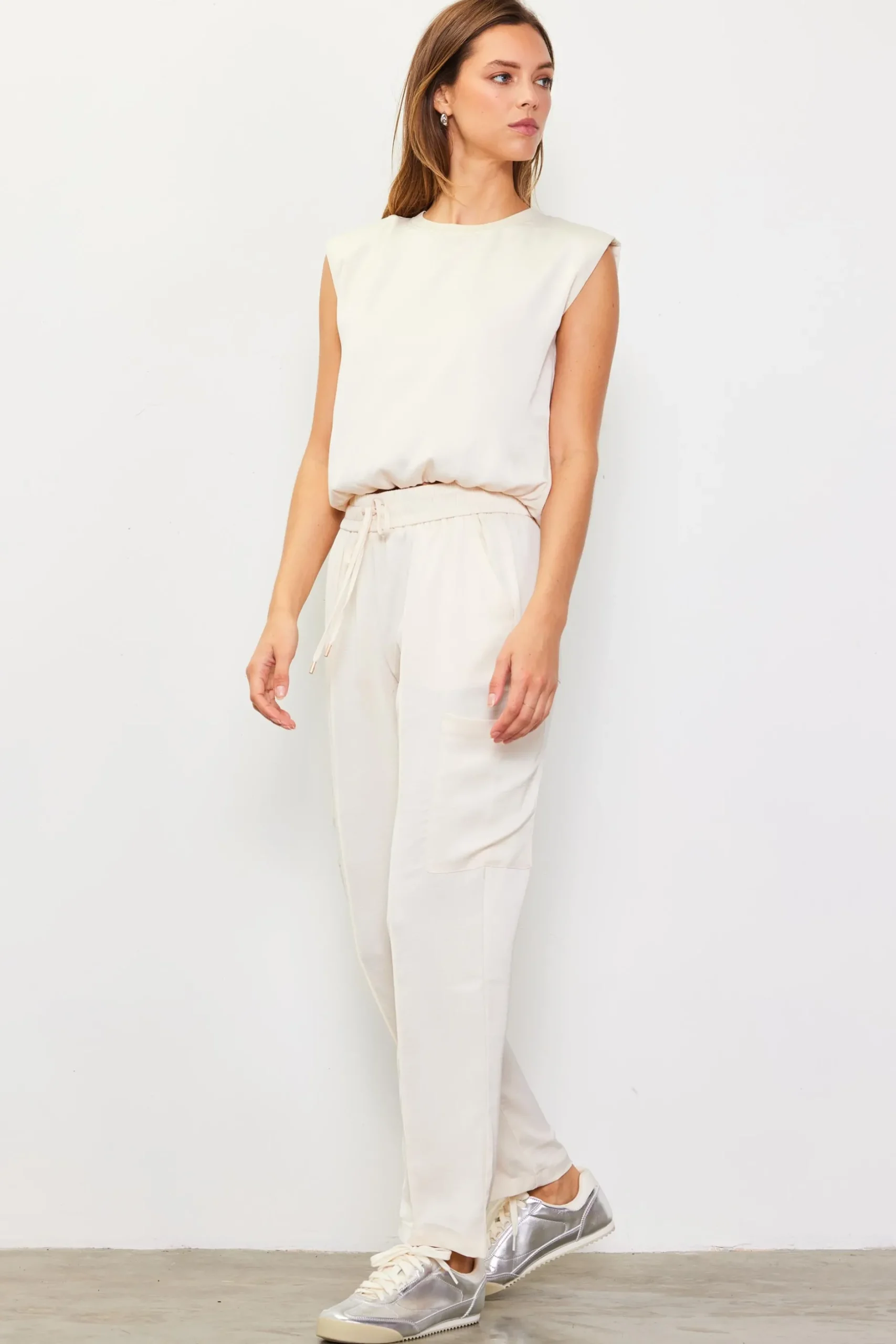 SKIES ARE BLUE Sleeveless Tops*Bubble Hem Muscle Tank Oatmeal