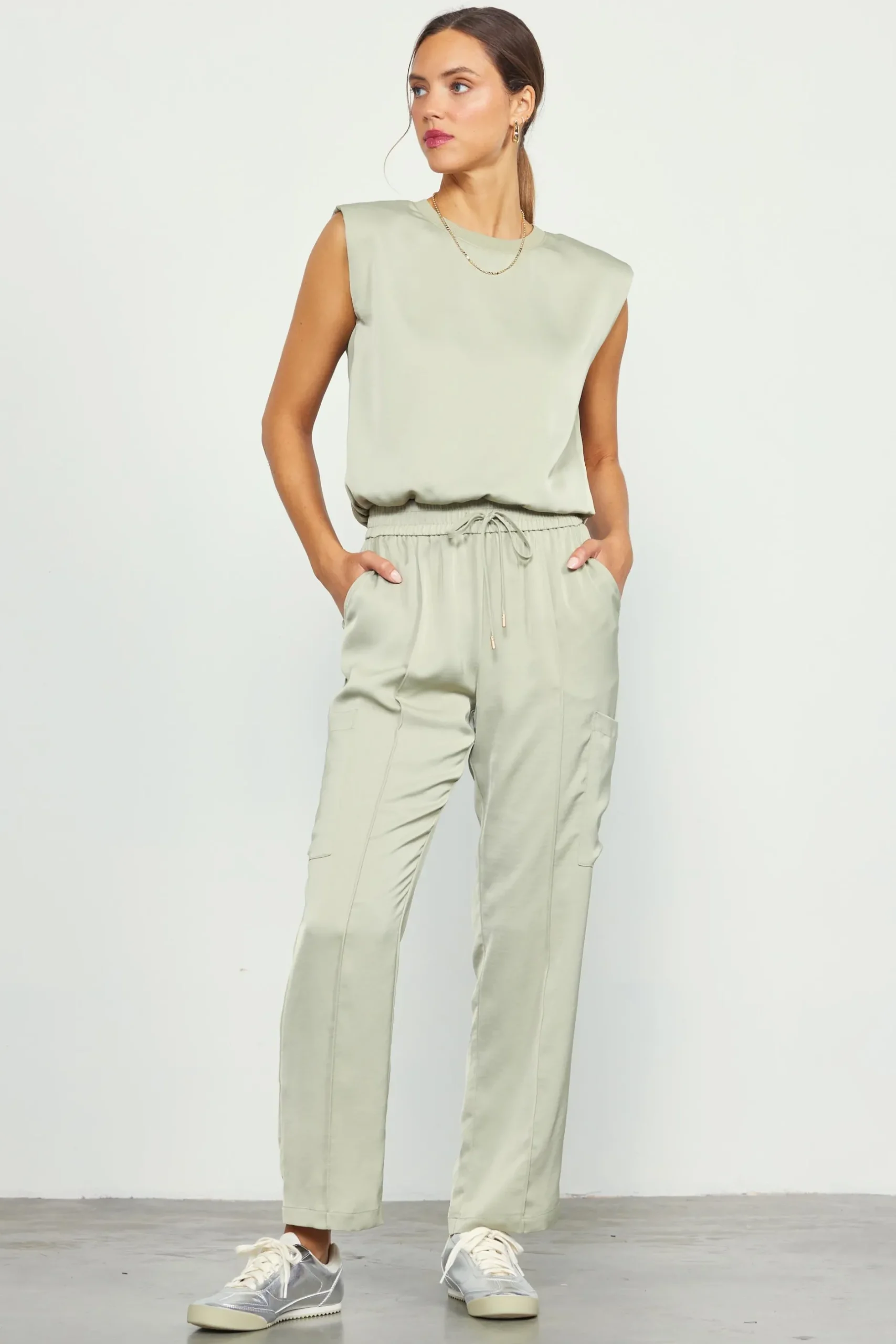 SKIES ARE BLUE Sleeveless Tops*Bubble Hem Muscle Tank Sage