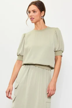 SKIES ARE BLUE Short Sleeve Tops*Bubble Sleeve Top Sage