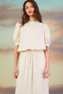 SKIES ARE BLUE Short Sleeve Tops*Bubble Sleeve Top Oatmeal