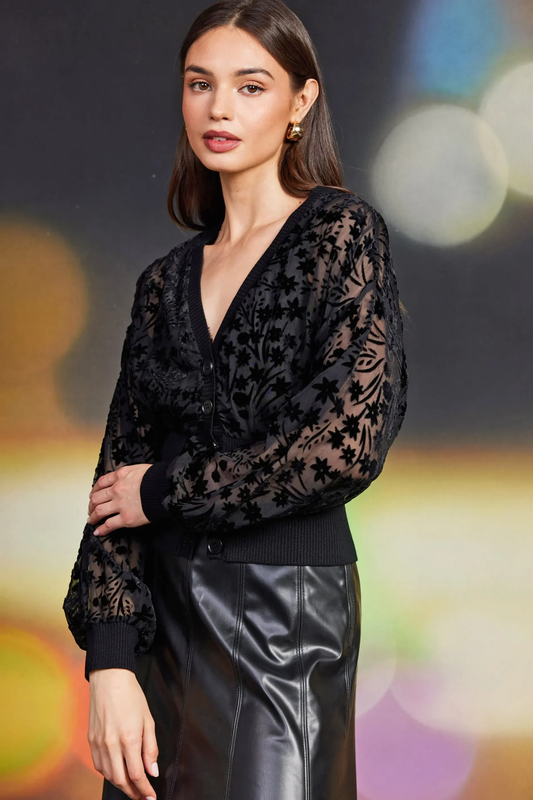 SKIES ARE BLUE Sweaters*Burnout Velvet Floral Motif Cardigan Black