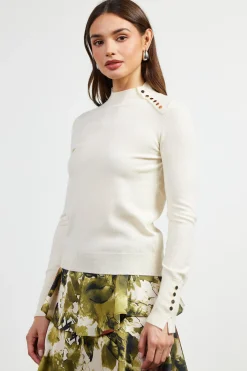 SKIES ARE BLUE Long Sleeve Tops|Sweaters*Button Detail Mock Neck Sweater Cream