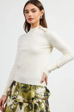 SKIES ARE BLUE Long Sleeve Tops|Sweaters*Button Detail Mock Neck Sweater Cream