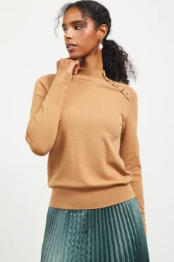 SKIES ARE BLUE Long Sleeve Tops|Sweaters*Button Detail Mock Neck Sweater Camel