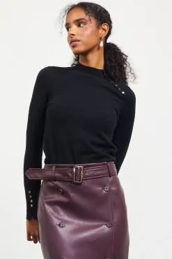 SKIES ARE BLUE Long Sleeve Tops|Sweaters*Button Detail Mock Neck Sweater Black