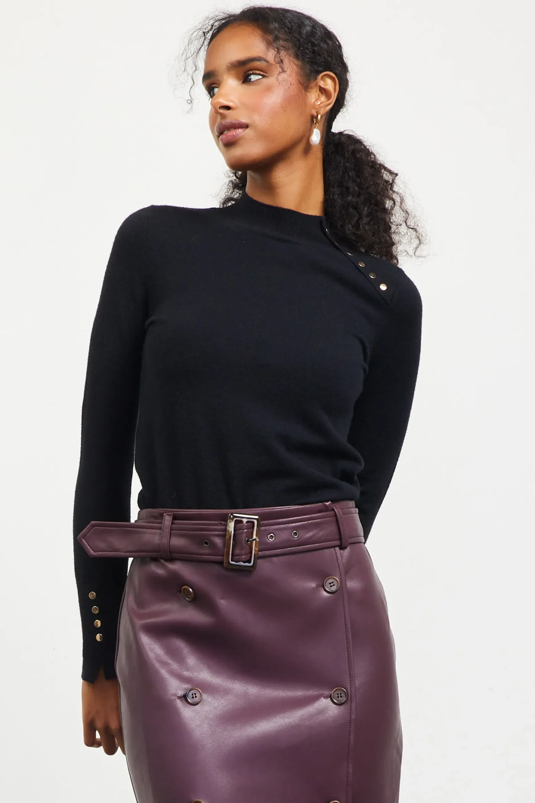 SKIES ARE BLUE Long Sleeve Tops|Sweaters*Button Detail Mock Neck Sweater Black