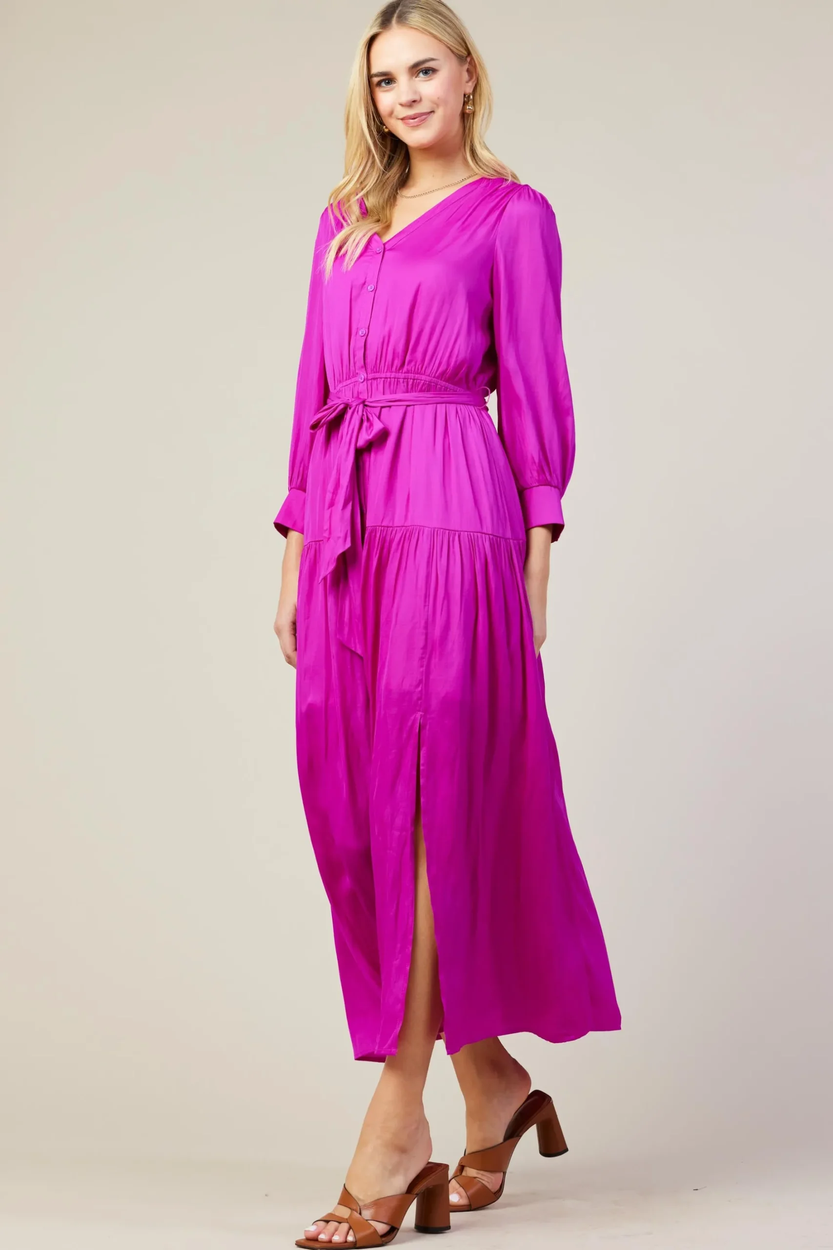 SKIES ARE BLUE Maxi Dresses*Button Detail Tiered Maxi Dress Orchid