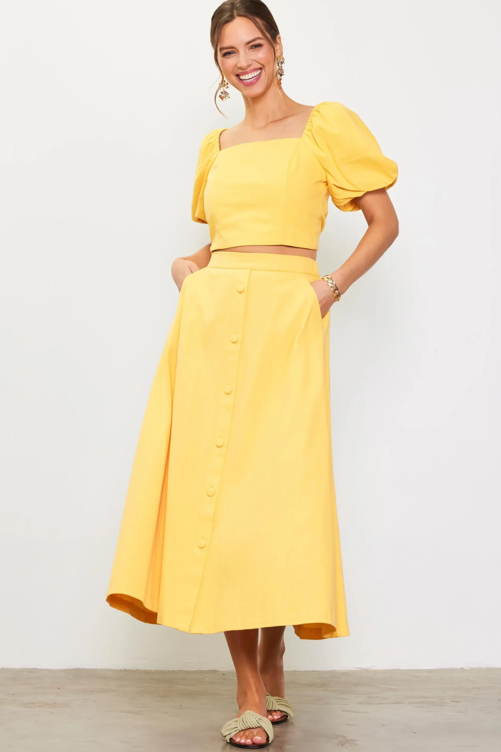 SKIES ARE BLUE Skirts*Button Down Maxi Skirt Sunflower