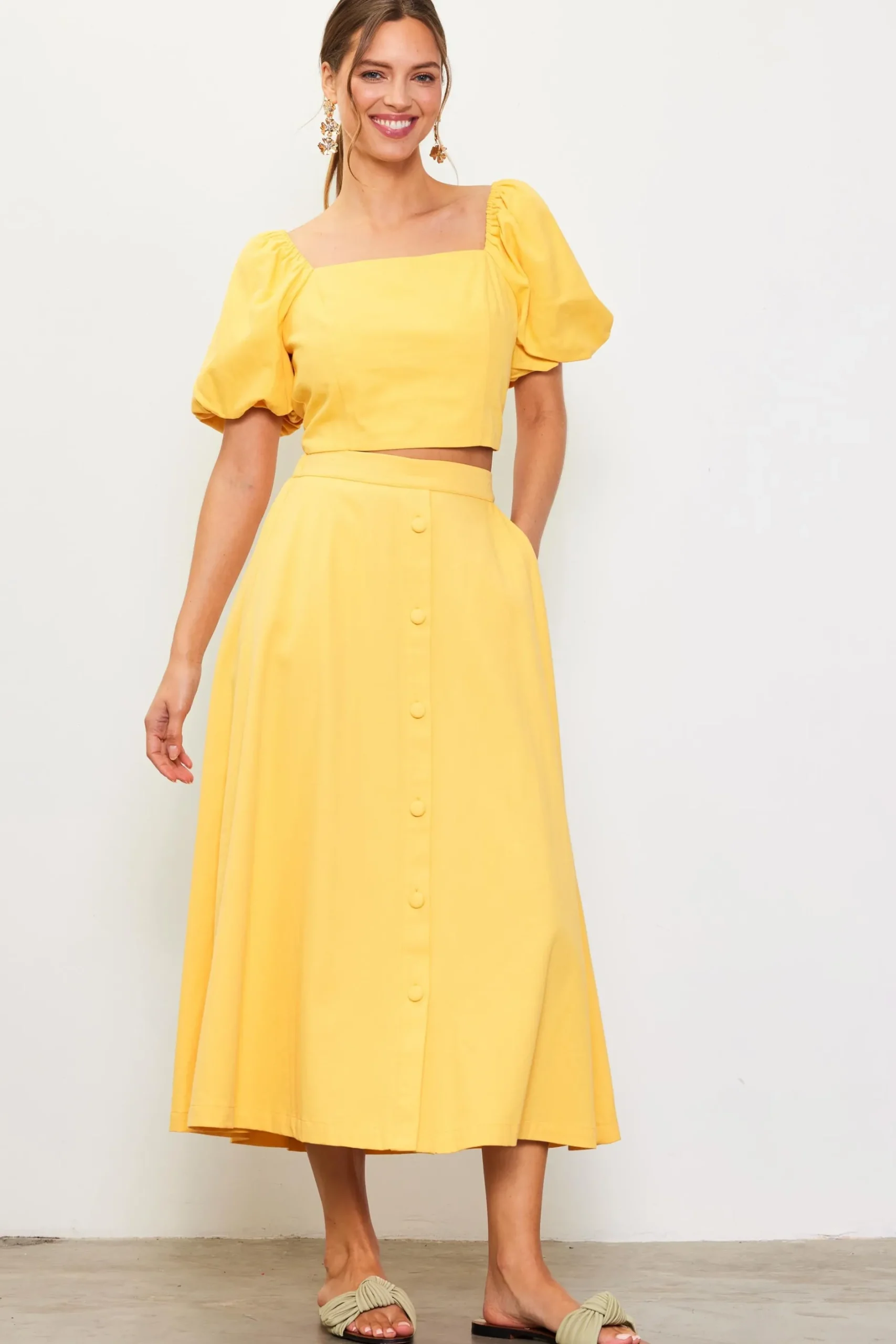 SKIES ARE BLUE Skirts*Button Down Maxi Skirt Sunflower