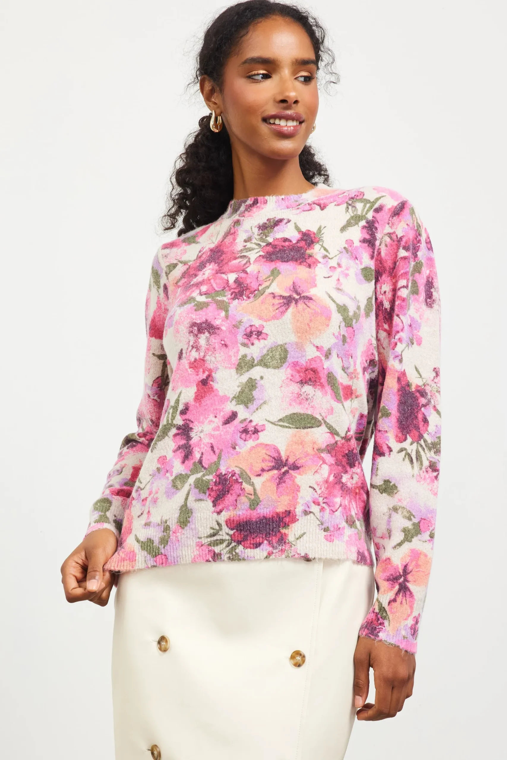 SKIES ARE BLUE Sweaters*Camelia Floral Print Sweater Blush-plum