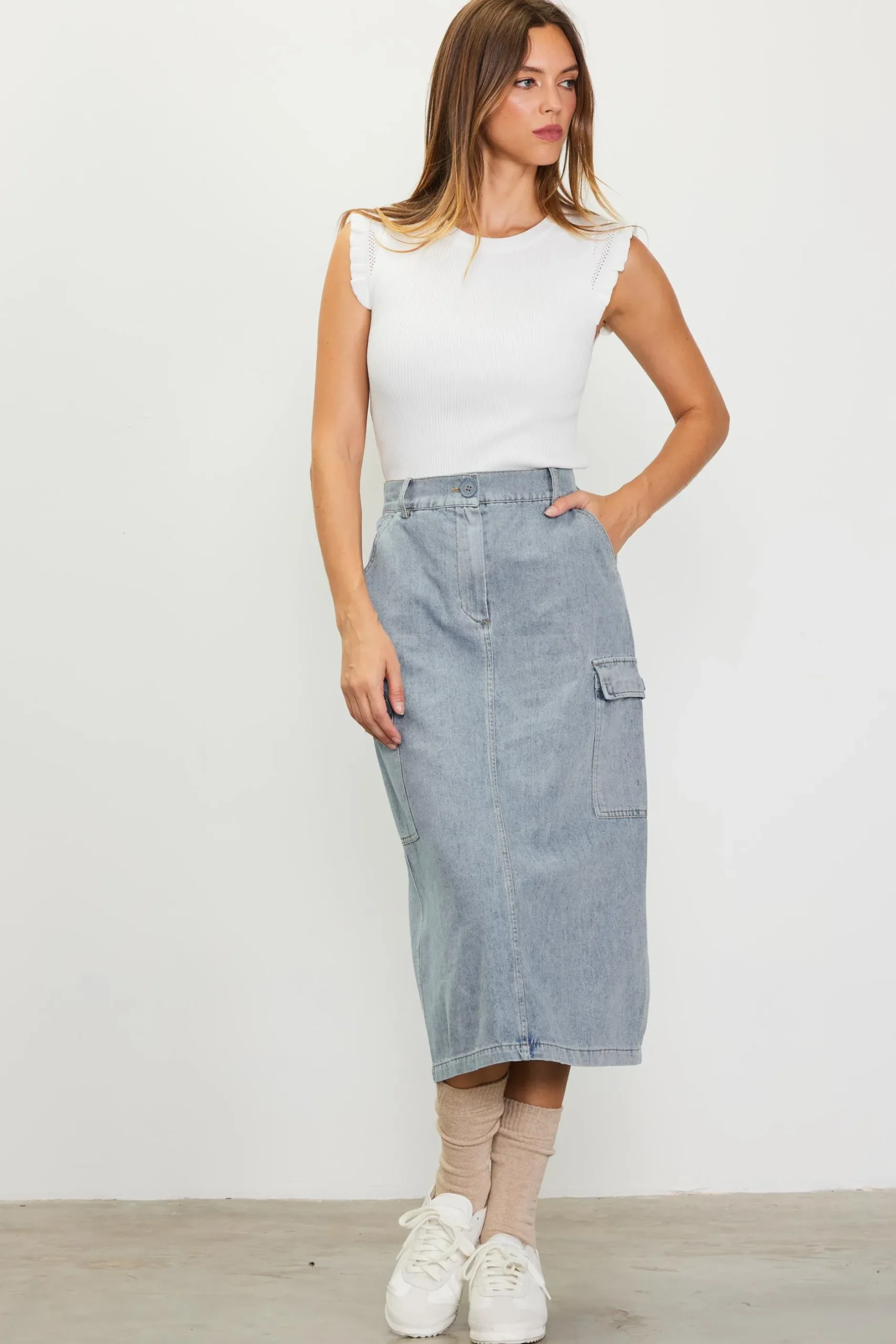 SKIES ARE BLUE Skirts*Cargo Detail Midi Skirt Denim