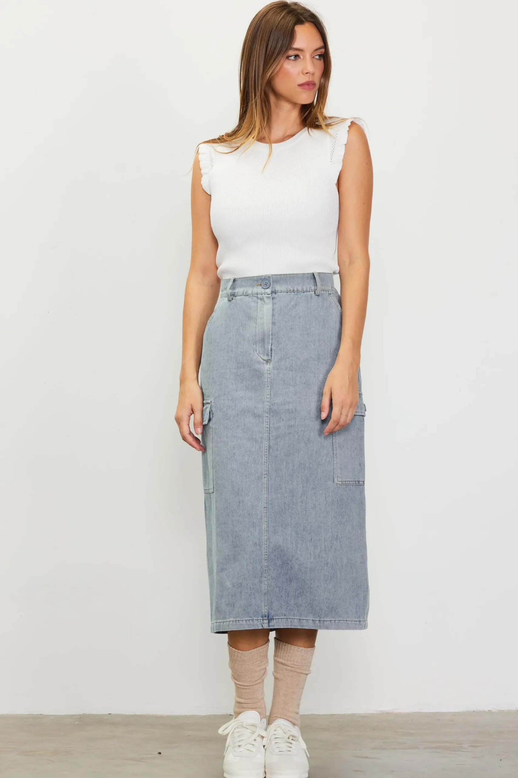 SKIES ARE BLUE Skirts*Cargo Detail Midi Skirt Denim