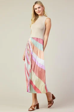 SKIES ARE BLUE Midi Dresses*Carmine Print Mixed Media Pleated Midi Dress Multistripe