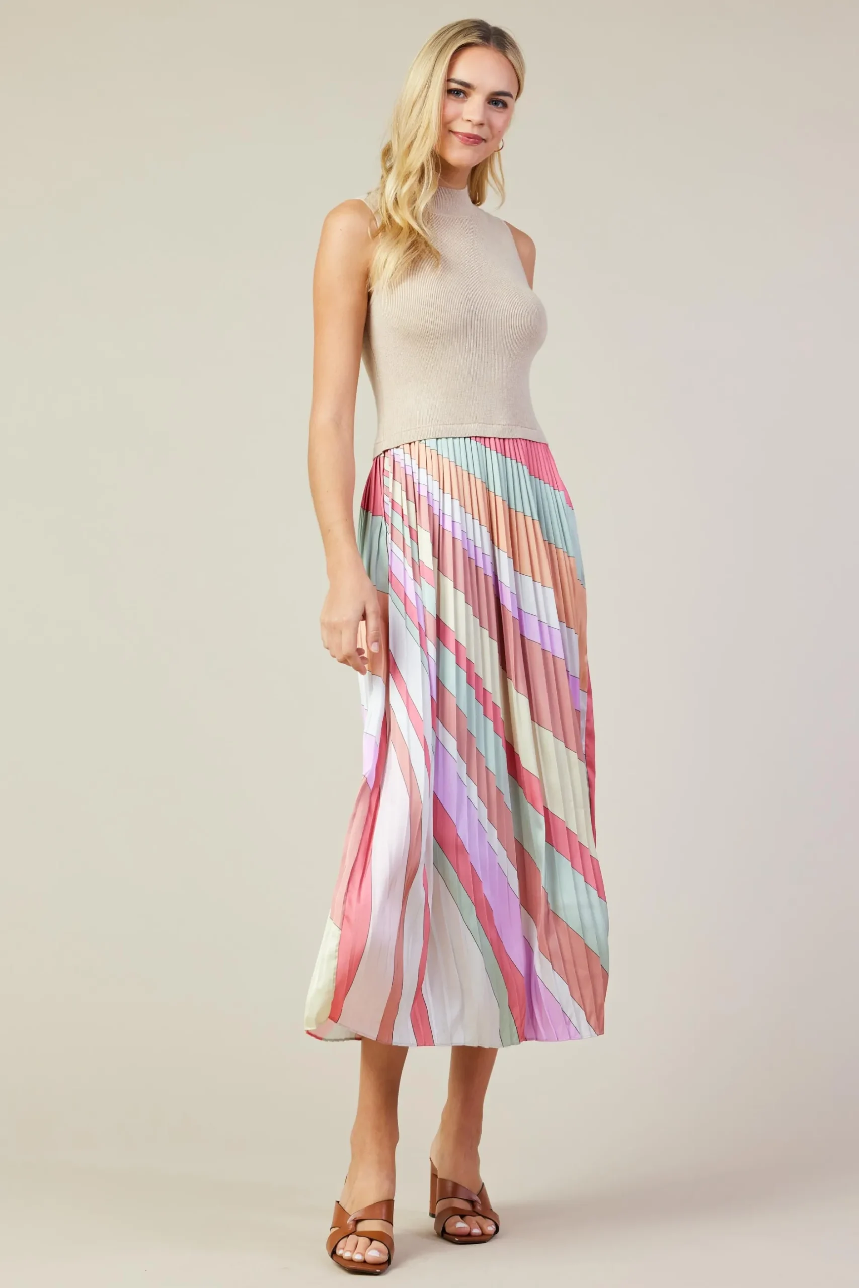 SKIES ARE BLUE Midi Dresses*Carmine Print Mixed Media Pleated Midi Dress Multistripe