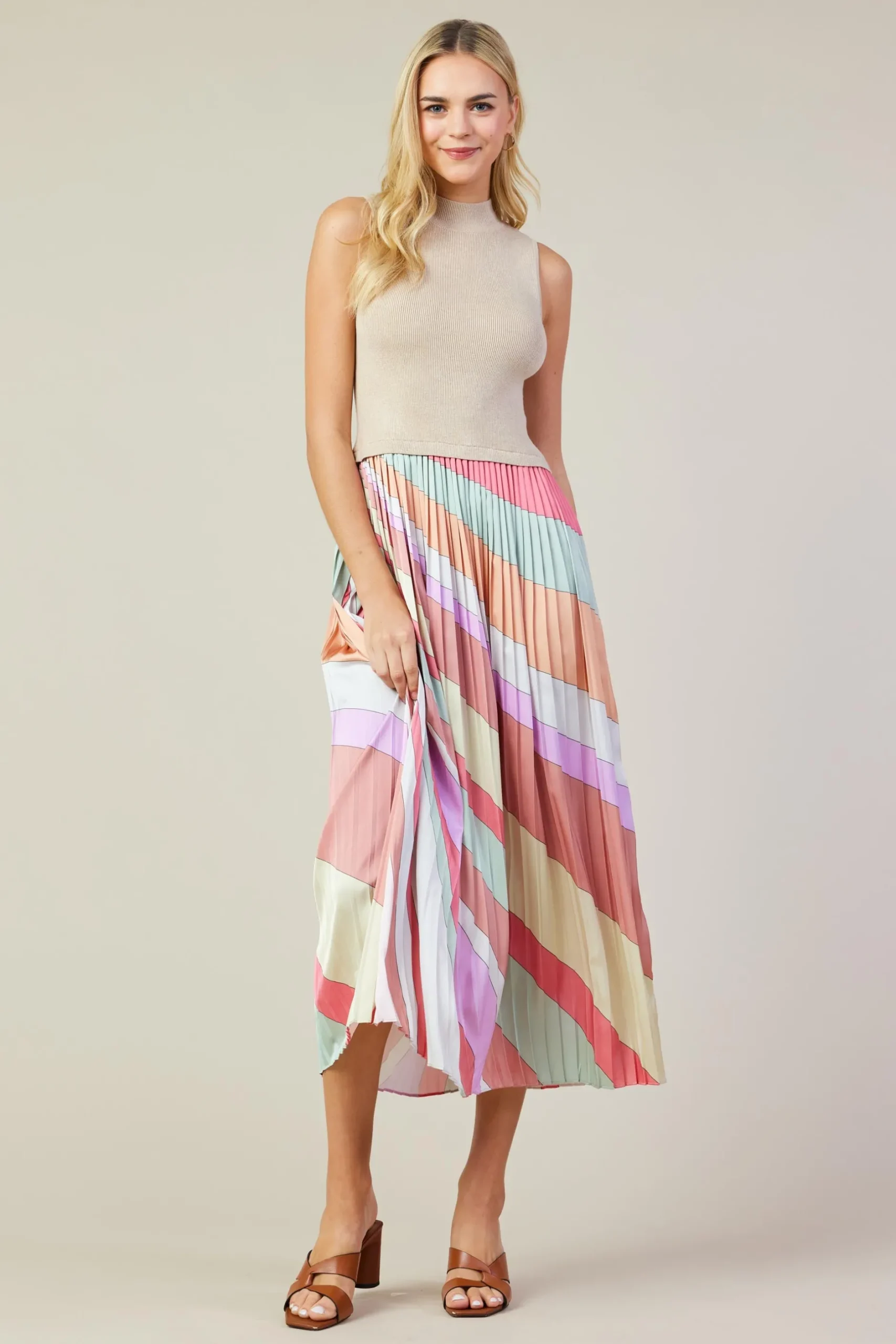 SKIES ARE BLUE Midi Dresses*Carmine Print Mixed Media Pleated Midi Dress Multistripe