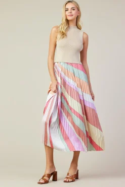 SKIES ARE BLUE Midi Dresses*Carmine Print Mixed Media Pleated Midi Dress Multistripe