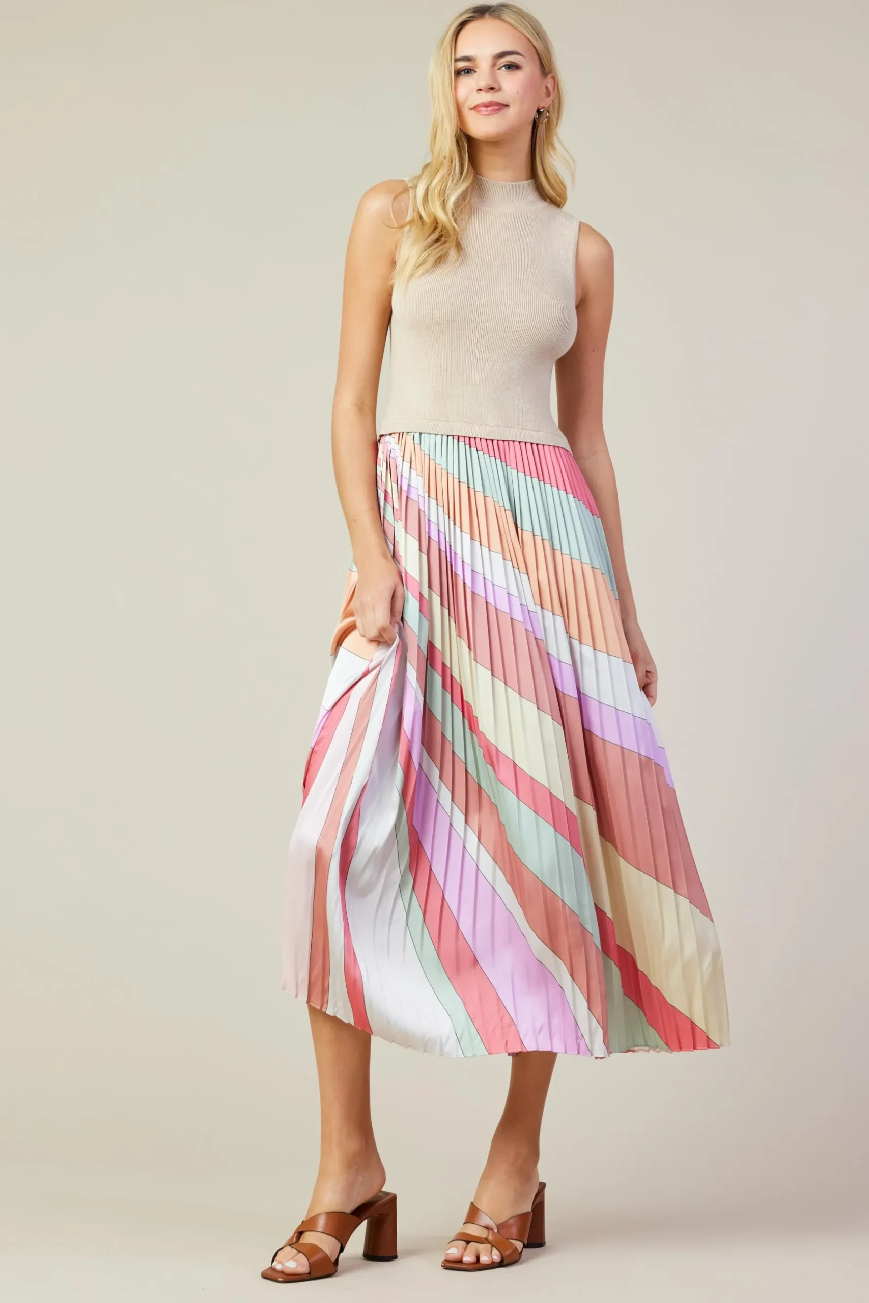 SKIES ARE BLUE Midi Dresses*Carmine Print Mixed Media Pleated Midi Dress Multistripe