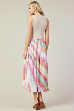 SKIES ARE BLUE Midi Dresses*Carmine Print Mixed Media Pleated Midi Dress Multistripe