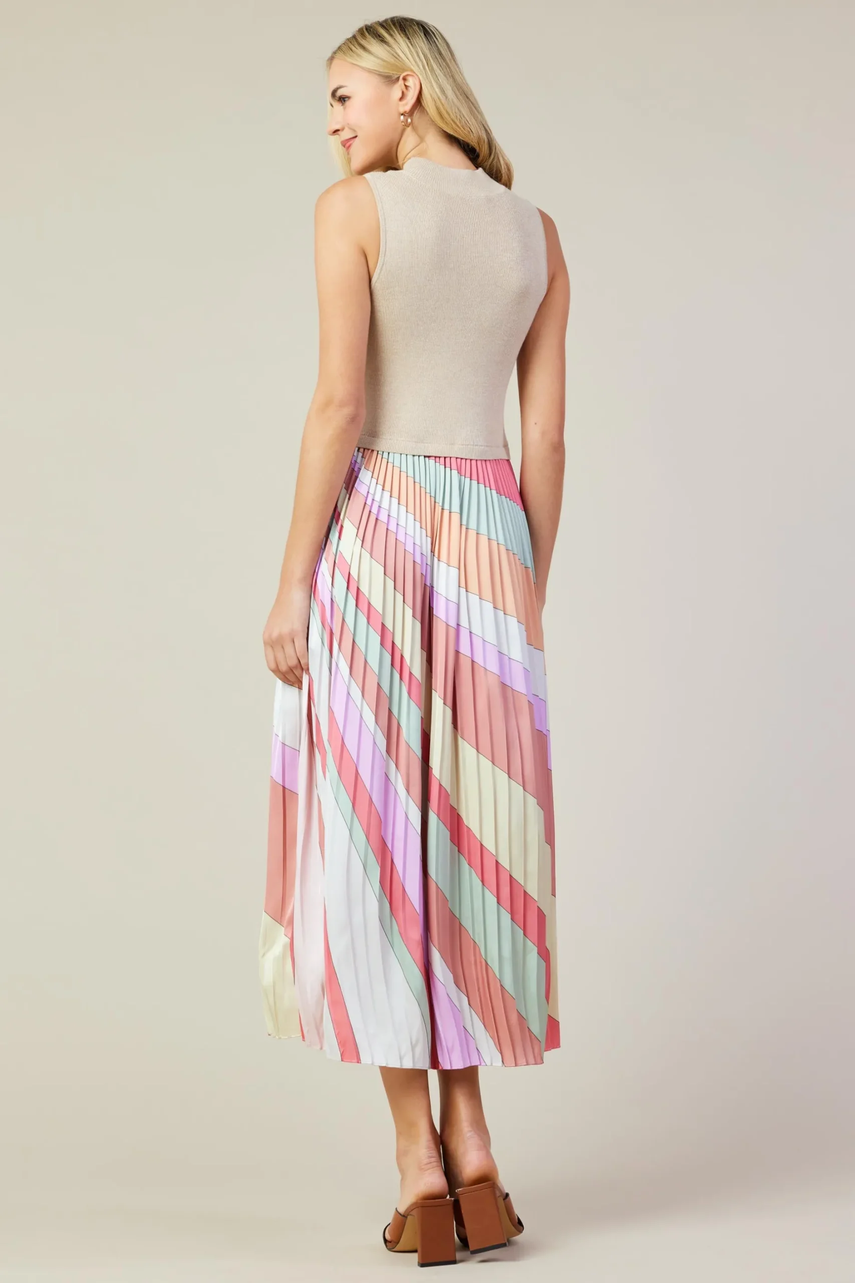 SKIES ARE BLUE Midi Dresses*Carmine Print Mixed Media Pleated Midi Dress Multistripe