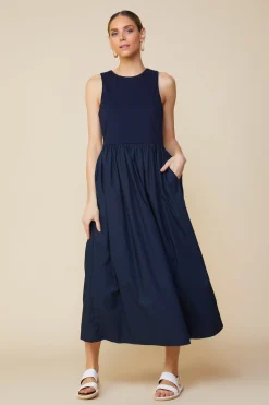 SKIES ARE BLUE Midi Dresses*Celia Mixed Media Midi Dress Navy