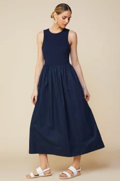 SKIES ARE BLUE Midi Dresses*Celia Mixed Media Midi Dress Navy