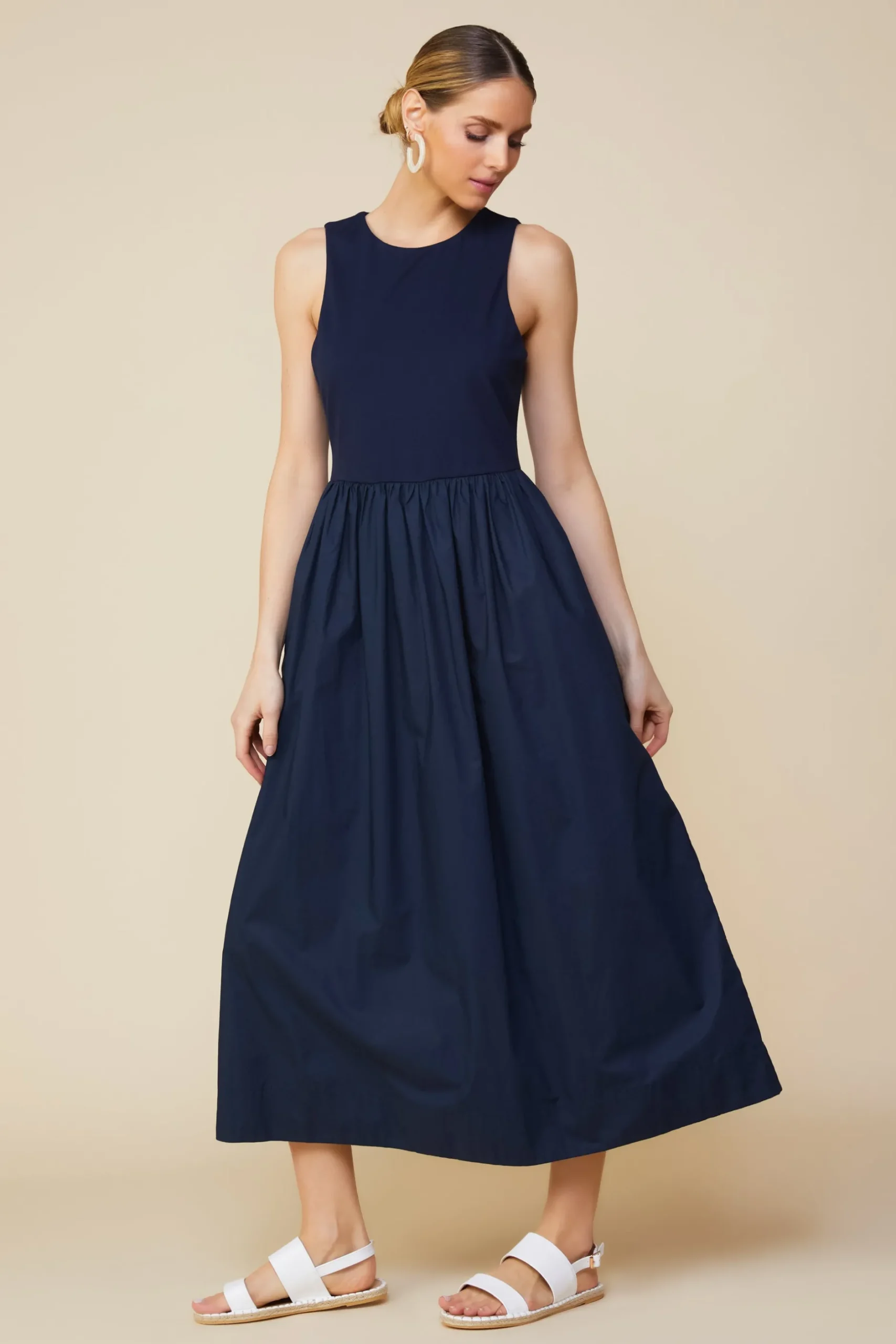 SKIES ARE BLUE Midi Dresses*Celia Mixed Media Midi Dress Navy