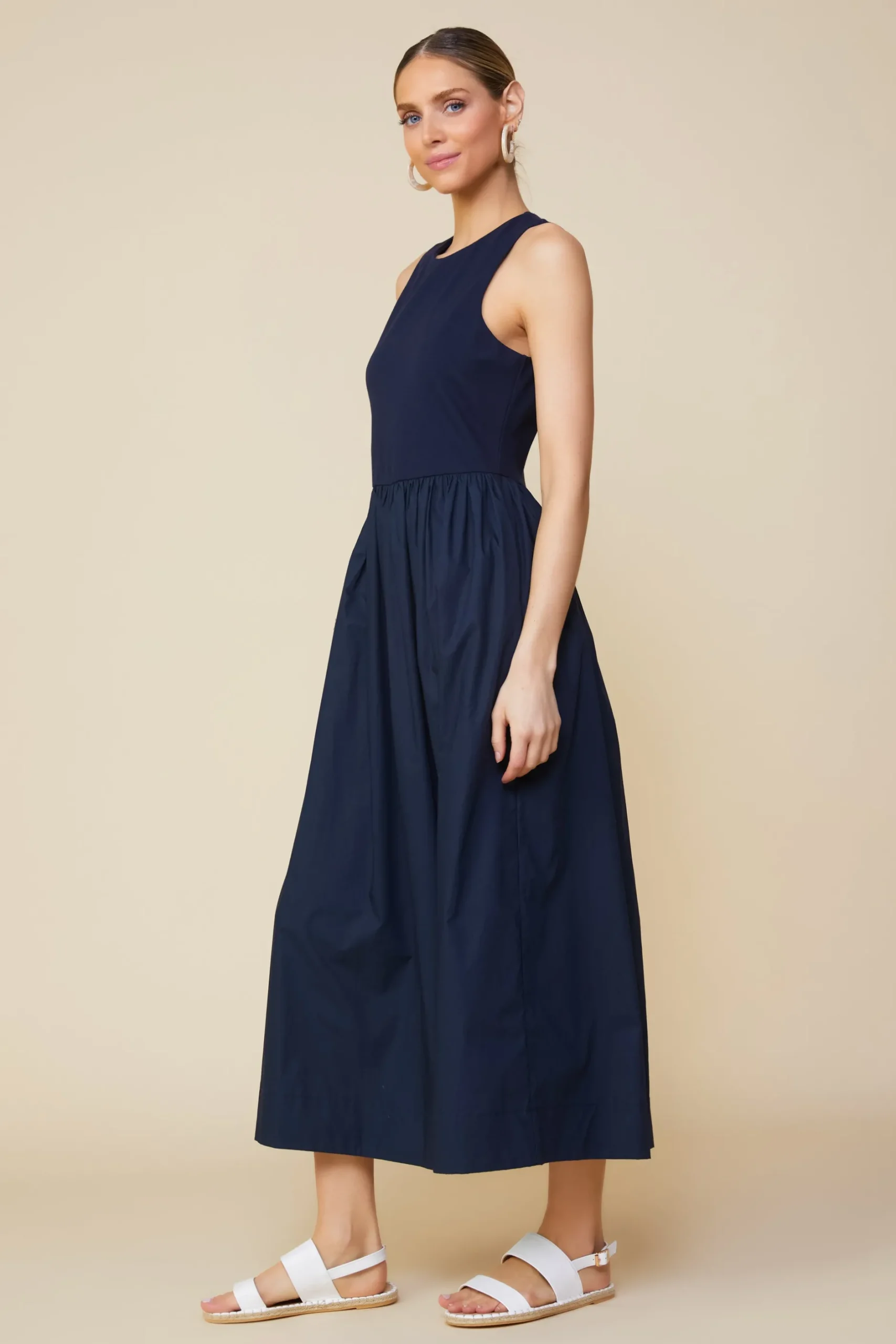 SKIES ARE BLUE Midi Dresses*Celia Mixed Media Midi Dress Navy