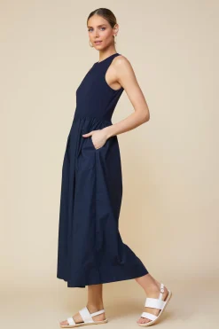 SKIES ARE BLUE Midi Dresses*Celia Mixed Media Midi Dress Navy