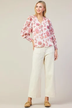 SKIES ARE BLUE Long Sleeve Tops*Ceres Floral Print Smocked Detail Top Blush-mulberry