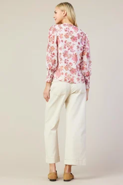 SKIES ARE BLUE Long Sleeve Tops*Ceres Floral Print Smocked Detail Top Blush-mulberry