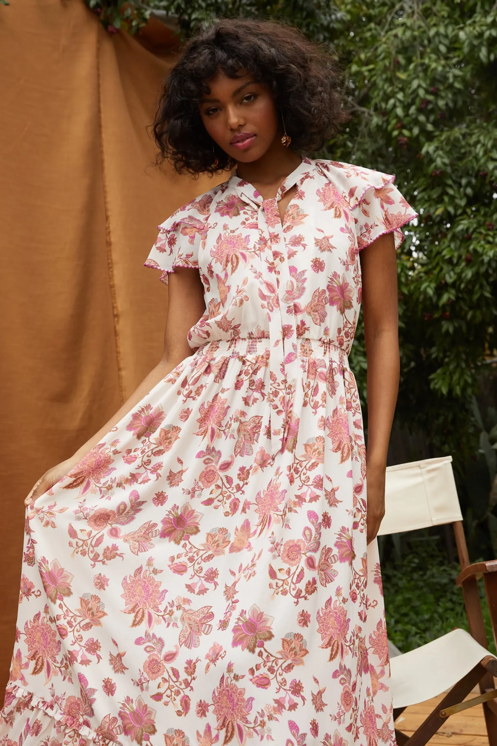 SKIES ARE BLUE Midi Dresses*Ceres Floral Print Tie Neck Midi Dress Blush-mulberry