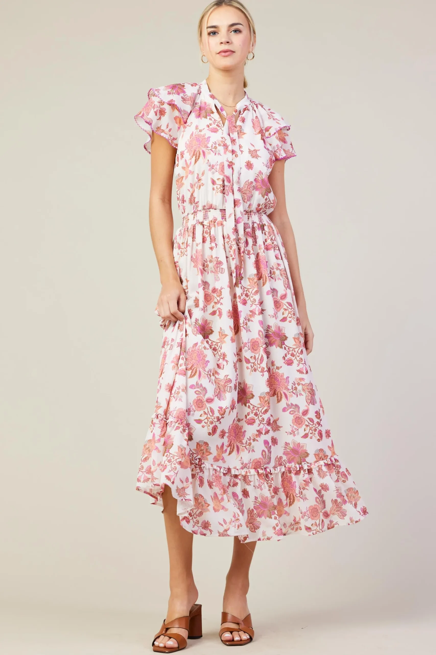 SKIES ARE BLUE Midi Dresses*Ceres Floral Print Tie Neck Midi Dress Blush-mulberry