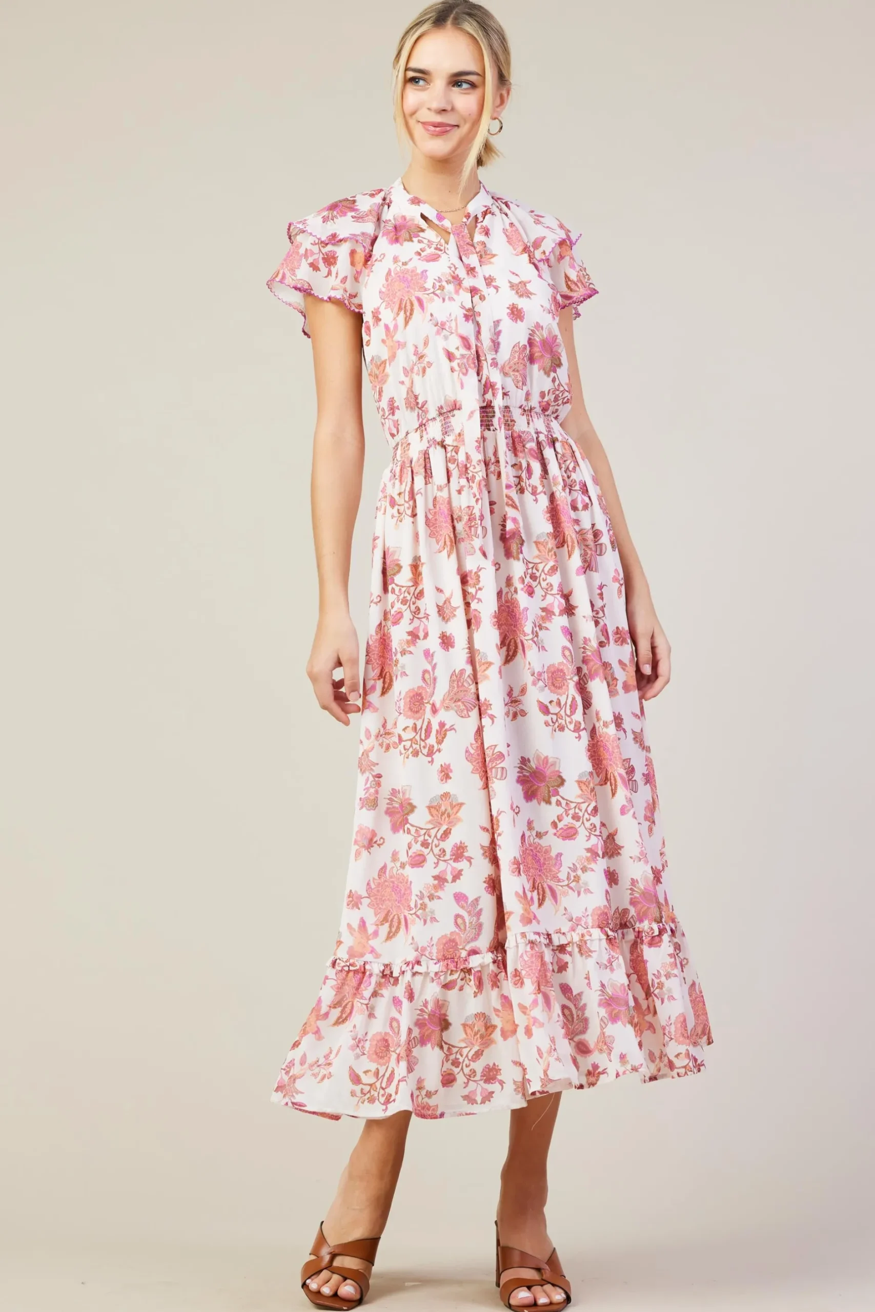 SKIES ARE BLUE Midi Dresses*Ceres Floral Print Tie Neck Midi Dress Blush-mulberry