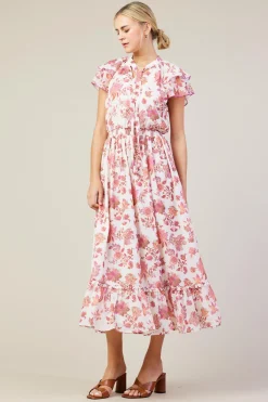SKIES ARE BLUE Midi Dresses*Ceres Floral Print Tie Neck Midi Dress Blush-mulberry