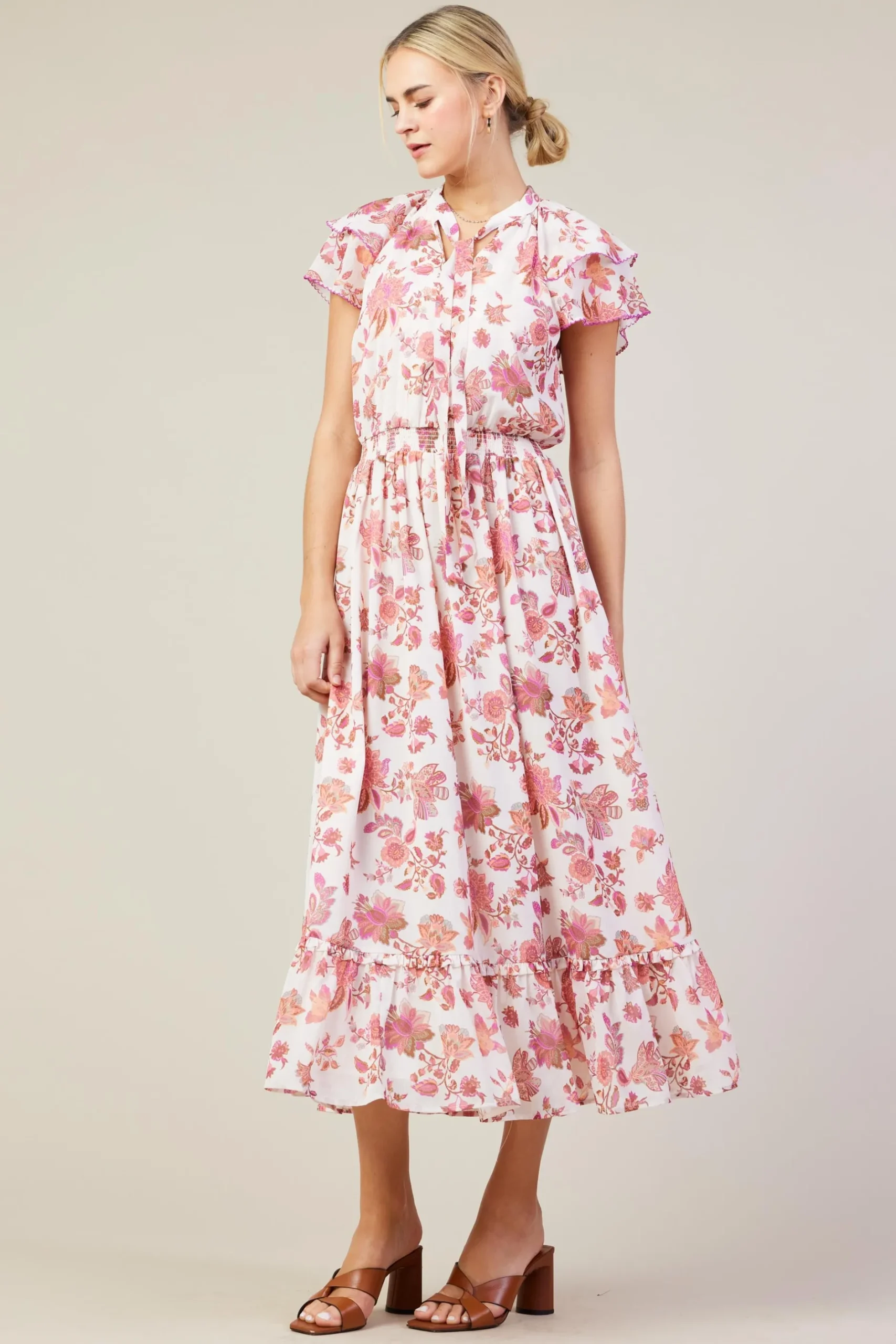 SKIES ARE BLUE Midi Dresses*Ceres Floral Print Tie Neck Midi Dress Blush-mulberry