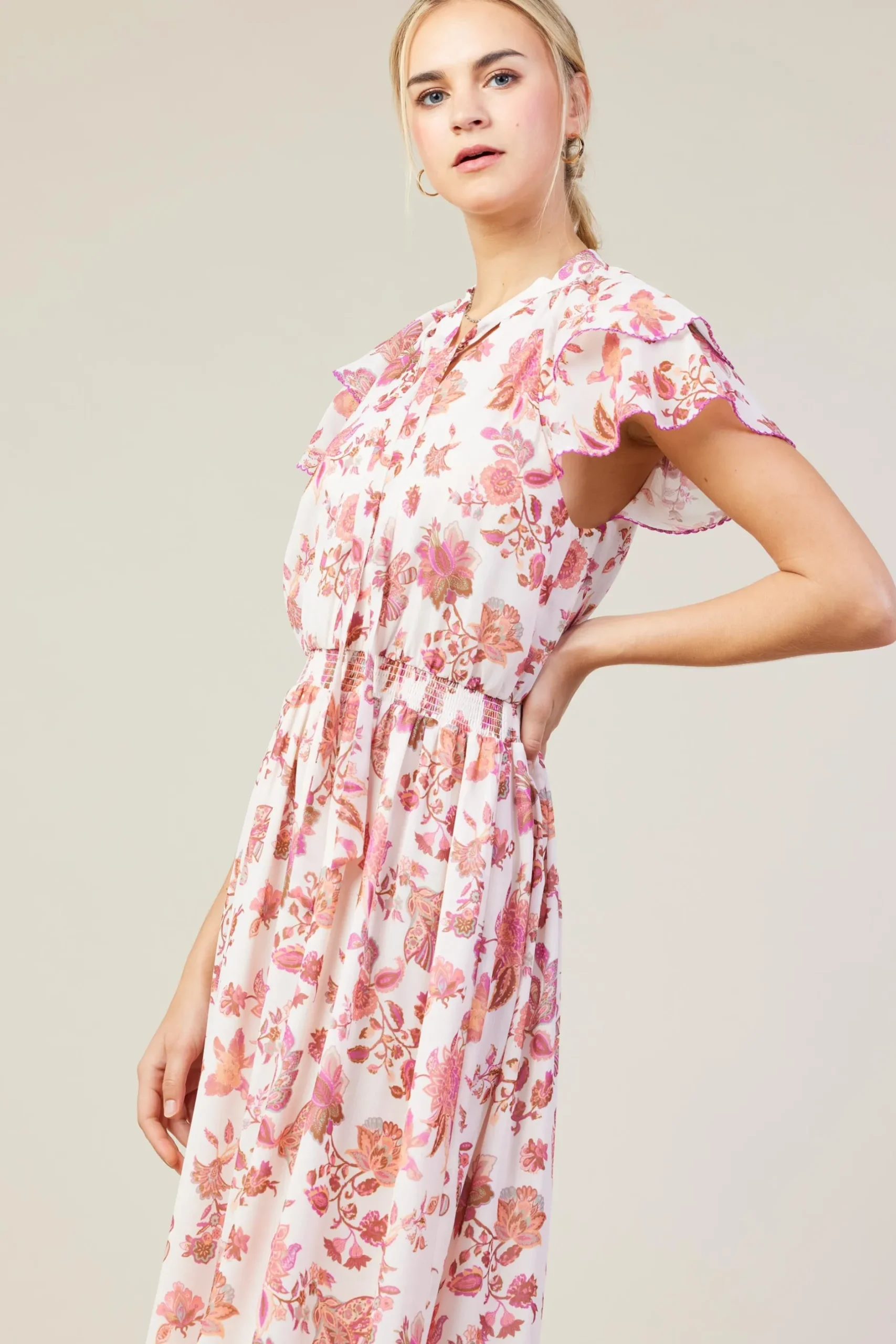 SKIES ARE BLUE Midi Dresses*Ceres Floral Print Tie Neck Midi Dress Blush-mulberry