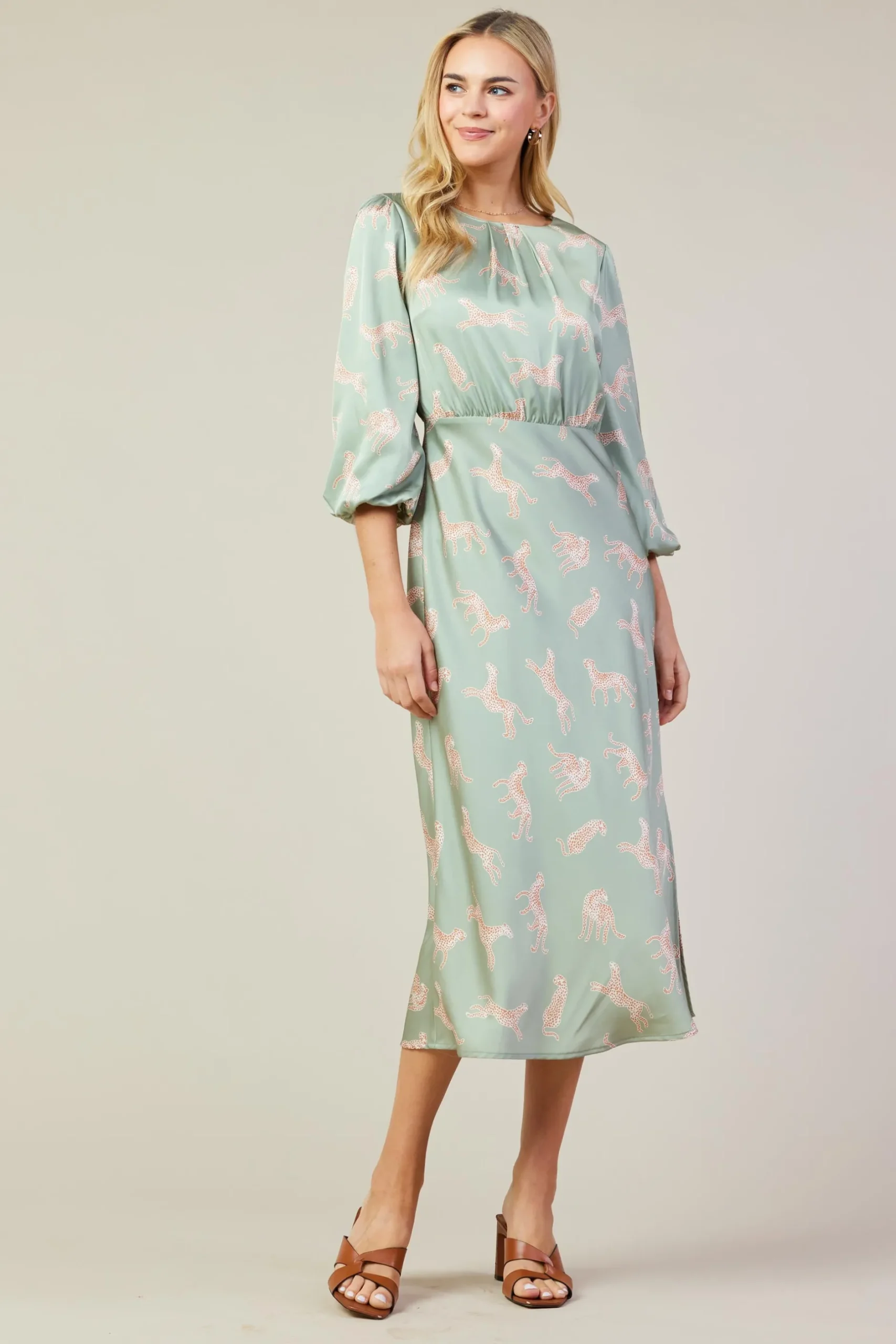 SKIES ARE BLUE Midi Dresses*Cheetah Print Midi Dress Sage