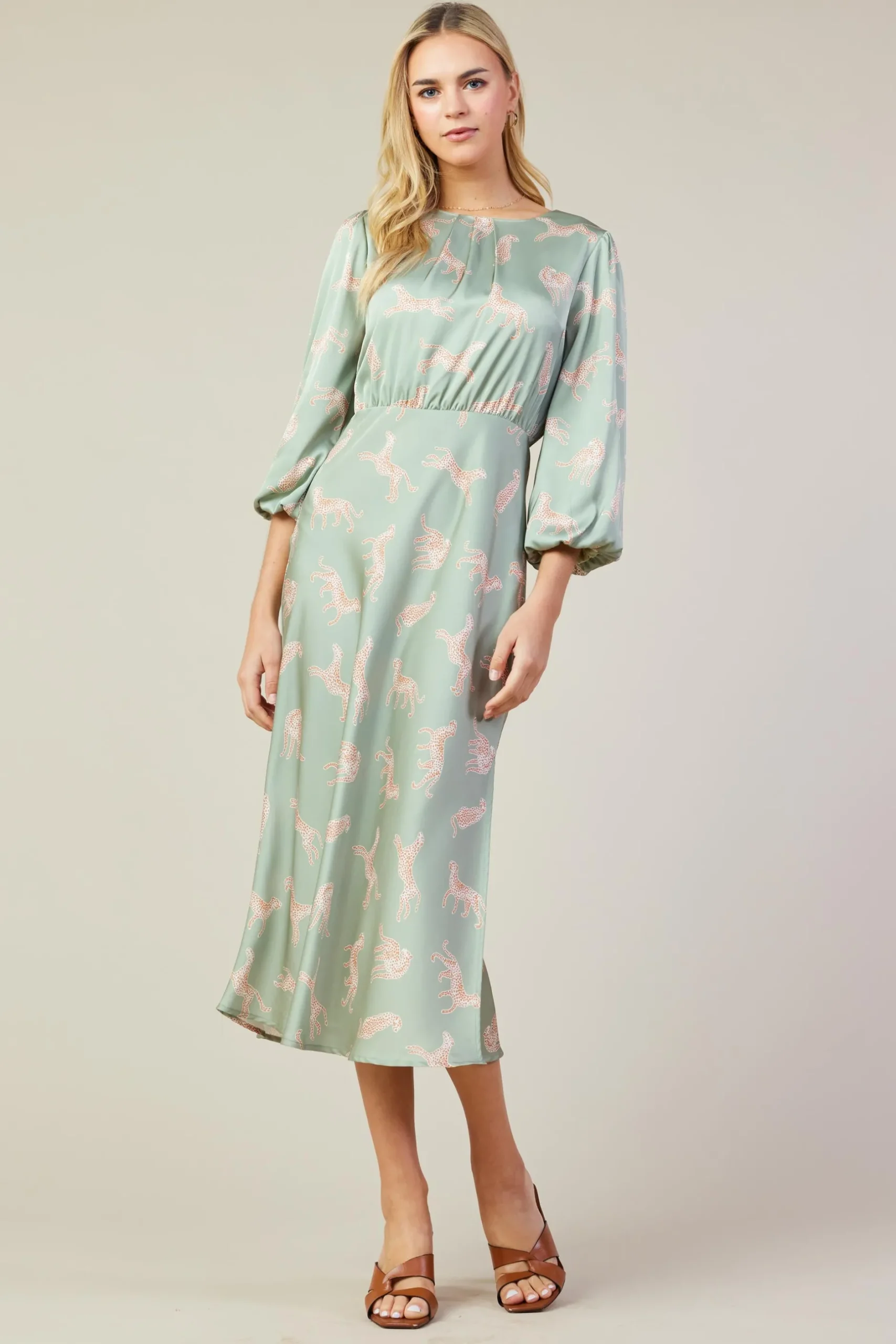 SKIES ARE BLUE Midi Dresses*Cheetah Print Midi Dress Sage