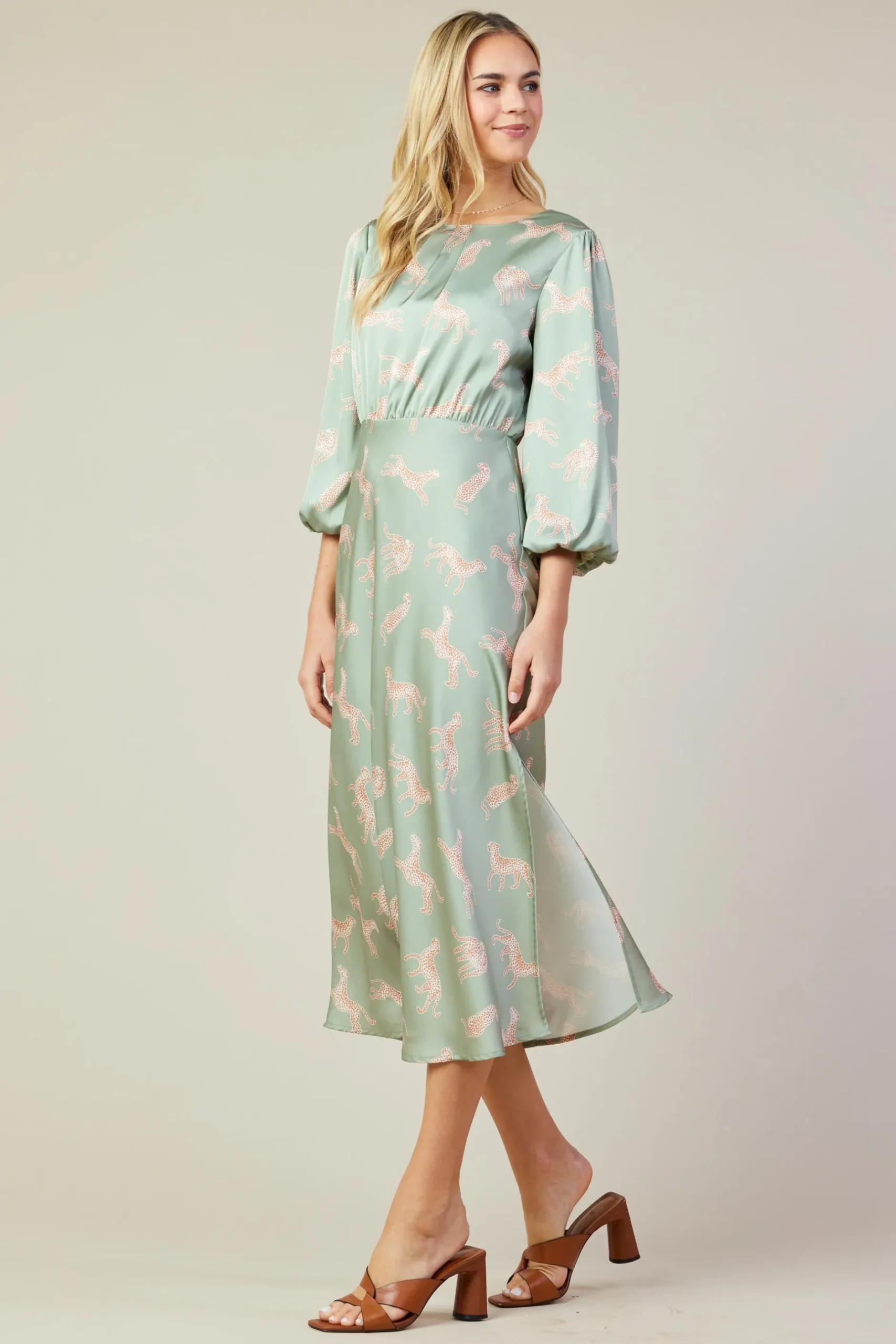 SKIES ARE BLUE Midi Dresses*Cheetah Print Midi Dress Sage