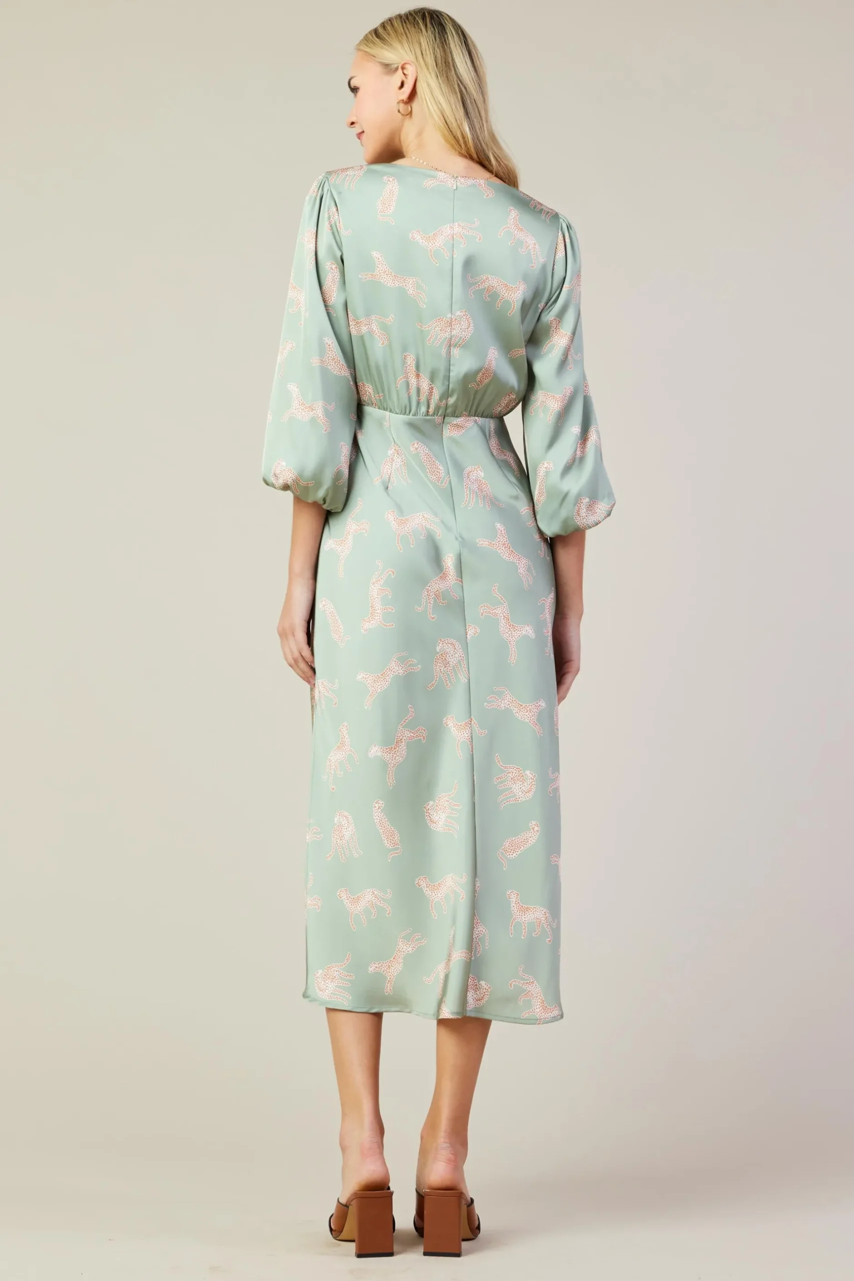 SKIES ARE BLUE Midi Dresses*Cheetah Print Midi Dress Sage