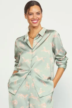 SKIES ARE BLUE Blouses|Long Sleeve Tops*Cheetah Print Satin Button Down Blouse Sage
