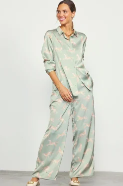 SKIES ARE BLUE Pants*Cheetah Print Satin Long Pants Sage
