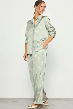 SKIES ARE BLUE Pants*Cheetah Print Satin Long Pants Sage